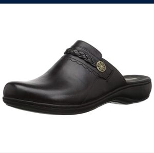 Clarks Leisa Carly Black Leather Slip‑On Clog Mules W